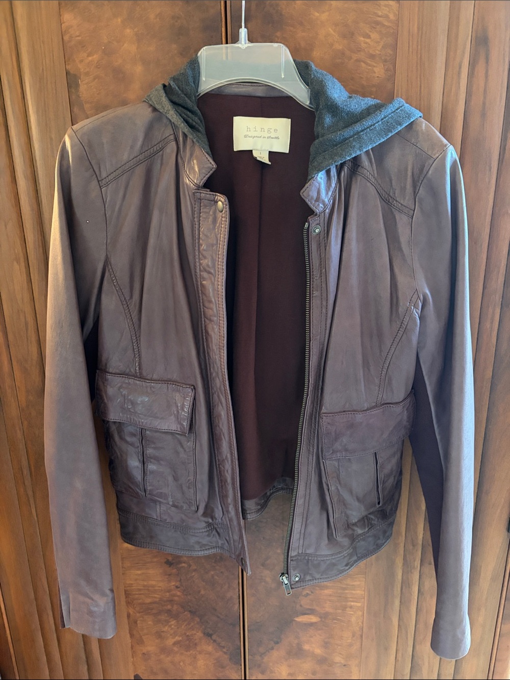 hinge Brown Leather Hooded Bomber Jacket